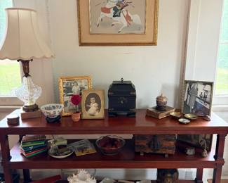 Samurai art, vintage cute glass lamp, and tons of trinkets and treasures 