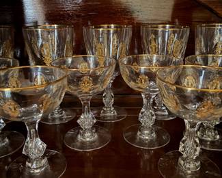 Tiffin-Franciscan Palais Versailles wine glasses, goblets, and coupes trimmed in 24k gold