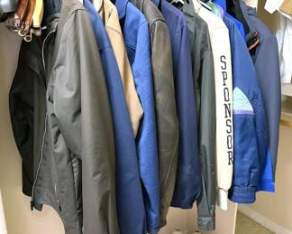 Men's clothing: dress shirts (L), suits, slacks, jackets, polo shirts, neck ties, hats, shoes (size 9), pants (34x32), Roundtree + York, Banana Republic, Travelsmart,  Kirkland