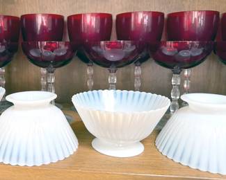 Cranberry glassware + Petalware Monax bowls