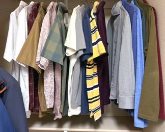 Men's clothing: dress shirts (L), suits, slacks, jackets, polo shirts, neck ties, hats, shoes (size 9), pants (34x32), Roundtree + York, Banana Republic, Travelsmart,  Kirkland