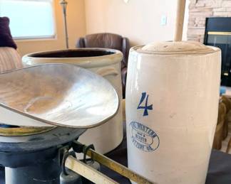 Antique cast iron balance scale, crocks