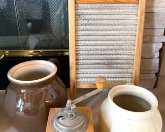 Vintage coffee grinder, washboard