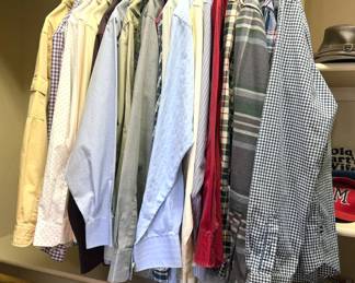 Men's clothing: dress shirts (L), suits, slacks, jackets, polo shirts, neck ties, hats, shoes (size 9), pants (34x32), Roundtree + York, Banana Republic, Travelsmart,  Kirkland