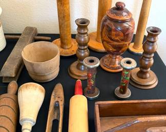 Vintage industrial bobbins, weaving shuttle, rolling pin
