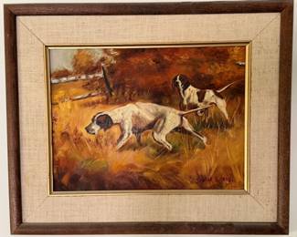 English Pointer hunting dogs - oil on canvas