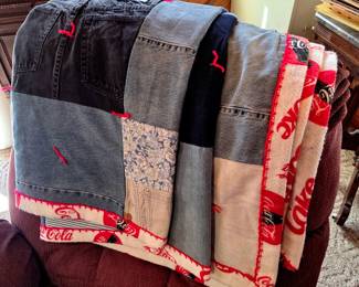 Hand made Quilt made of old jeans and Coca-cola backing