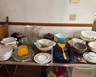 Kitchen ware, Pyrex, Corelle, milk bottles & Texas ware bowls