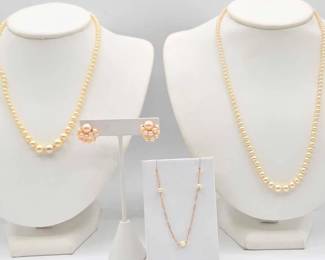 982  3 Pearl Necklaces and Clipon Pearl Earrings, 21.8g