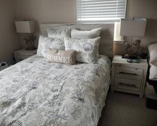 Contemporary queen bedroom suite: queen bed; two nightstands; dresser with mirror