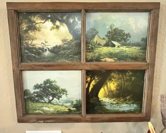 VINTAGE WINDOW FRAME w/ 4  WINDBERG PRINTS!