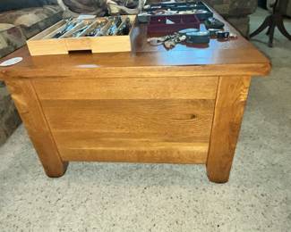 LARGE, HEAVY SOLID OAK STORAGE TABLE BY VAUGHN BASSETT!