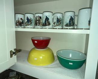 VINTAGE PYREX BOWLS & NORMAN ROCKWELL CUPS