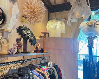 Flowers, lamps hats, stands, curtains, denim