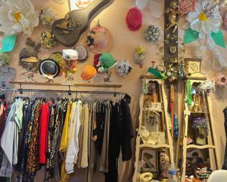 Hats, tops and blouses, bags, art, display fixtures