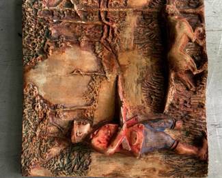 Carved Wood Relief Plaque  Village Scene