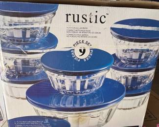 Rustic Piece Glass Bowl and Saladier Set with Cobalt Blue Lids