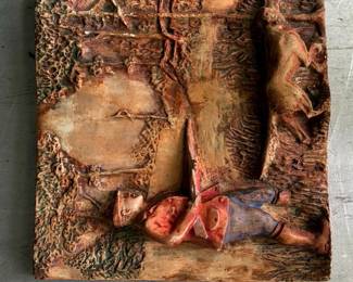 Carved Wooden Plaque with Figural Scene  Shepherd and Nymph