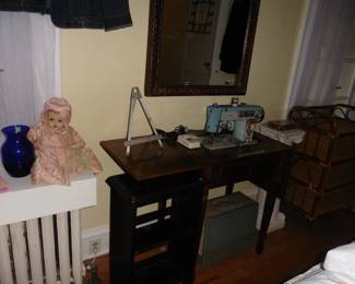 Antique Doll, Sewing Machine with Cabinet,  Small Bookcase and Rattan Dresser