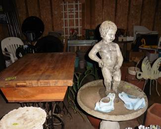 Fountain, Bird Bath, Table with Sewing Machine Base and Garden Art