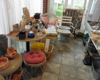 Wicker, Metal Patio Chair, Map of Brookside Area, and Sculptures.