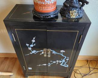 Vintage Chinoiserie Black Lacquer Cabinet...Hand-painted Sakura Blossoms and Inlaid Details.