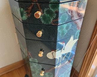 Vintage Chinoiserie Black Lacquer Octagon Jewelry Chest - Handpainted Birds and Landscape.