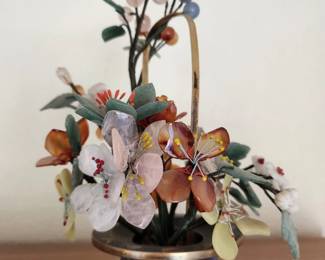 Chinese Jade and Hardstone Flower Arrangement in Cloisonne Vase.