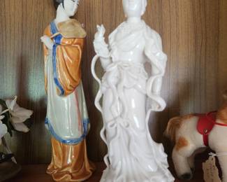 Chinese Figure on Left Holding a Fan. Quan Yin Figure on Right.