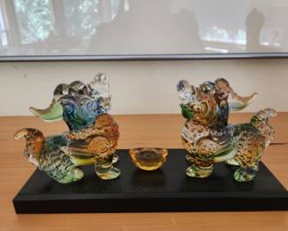Feng Shui Pixiu Glass Sculptures w/Ingot in Center. Attract Wealth, Good Fortune and Prosperity.