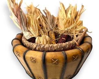 One Wooden and One Woven Basket With Decorative Corn