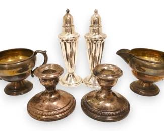 Sterling Silver Weighted Candleholders, Salt  Pepper Shakers, and Creamer  Sugar Set 710g Total