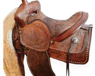 Simco Hand Tooled Leather Saddle, Stand, Cover,  More