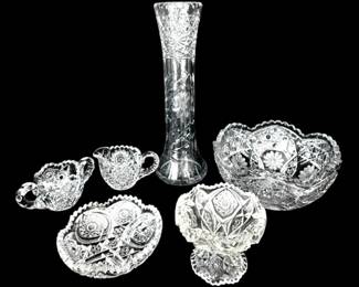 American Brilliant Period Crystal Sugar And Creamer Set, Tall Vase, Large Bowl, Candy Dishes
