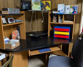 Corner desk, office chair 