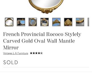 Ornate French Provincial Rococo style wall mirror has a carved gold frame. This oval mantle mirror is made of wood and plaster with a metallic gold finish. It features intricate floral and scrollwork carvings along the top and bottom edges.  Estimated (WxDxH): 58 x 5 x 55 in