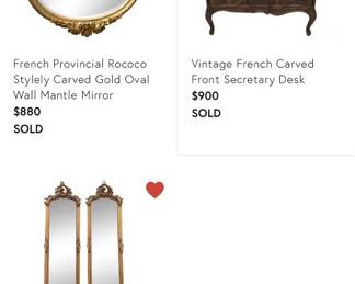 Elegant full-length wall mirror with a Rococo-style ornate gold-finished frame. This piece has intricate scrollwork and floral carvings at the top and sides. The frame is made of a molded material with a metallic gold finish and houses a clear rectangular glass mirror. We bought a set with $1750. Asking for $520/each, $900 for a pair.