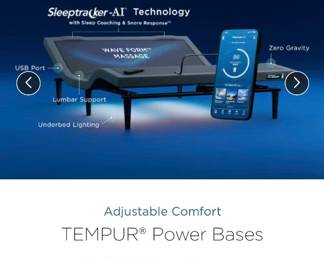 Adjustable TEMPUR-PEDIC TEMPUR-Ergo ProSmart power base is designed for a twin long mattress. This black fabric and metal motorized frame has Sleeptracker-AI technology, lumbar support, underbed lighting, and wave form massage capabilities. Two mattresses equipped. Good for elders. 