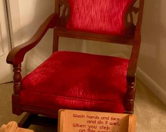 Eastlake platform rocker with red velvet upholstery, child’s stool