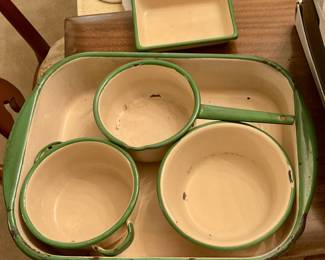 Granite ware, green and tan