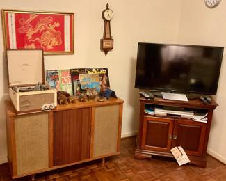 Vintage stereo cabinet, records, record player, records