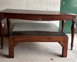 Large writing desk; glass top coffee table