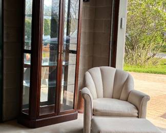 Curio cabinet; chair and ottoman