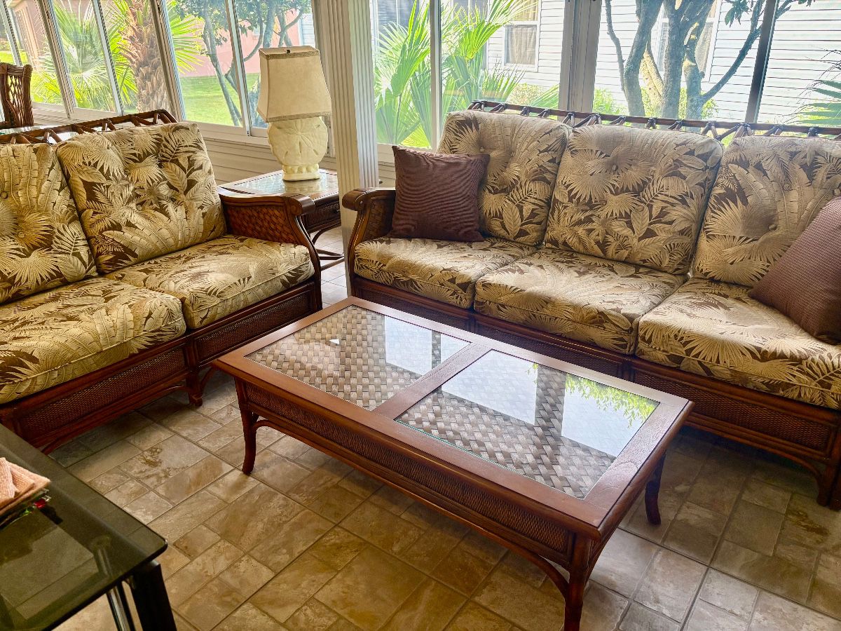 SOLD AS SET only during presale. Palm Springs Rattan Garden Classic includes: Sofa (79"L / 31"D / 37"H), Loveseat (54.5"L / 31"D / 37"H), Coffee Table (47.5"L / 24"D / 16.25"H), End Table (24"x24" 22.5"H) 