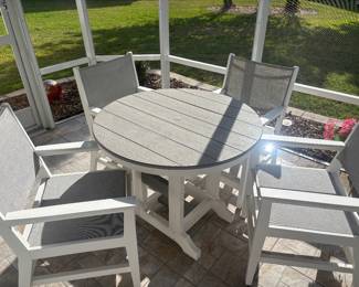 Sunbrella outdoor patio table with four chairs. Sunbrella fabric with HDPE structure. Table measures 37.75" round 30.5"H / Chairs measure 20"D / 36.5"H / 22.5"W 
