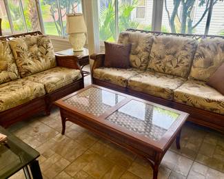 SOLD AS SET only during presale. Palm Springs Rattan Garden Classic includes: Sofa (79"L / 31"D / 37"H), Loveseat (54.5"L / 31"D / 37"H), Coffee Table (47.5"L / 24"D / 16.25"H), End Table (24"x24" 22.5"H) 