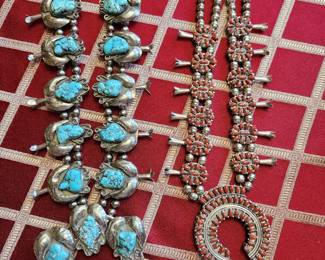 Native American/Southwestern Turquoise/Coral and Silver Necklaces. Navajo 'Squash Blossom'.
