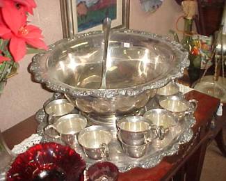 Large, Heavy silverplate punchbown, cups, and ladle.