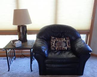 LEATHER CHAIR - IRON AND TILE END TABLE - LAMP