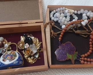 Heirloom assemblage brooches, trinket box, handmade gemstone jewelry 